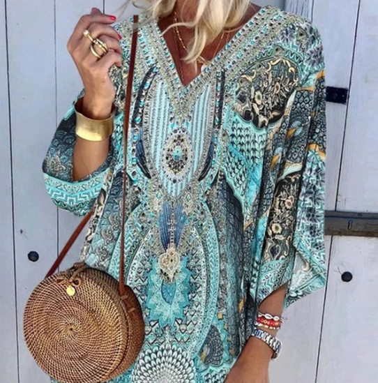 Bohemian V-Ausschnitt Langarm bedrucktes Freizeitkleid