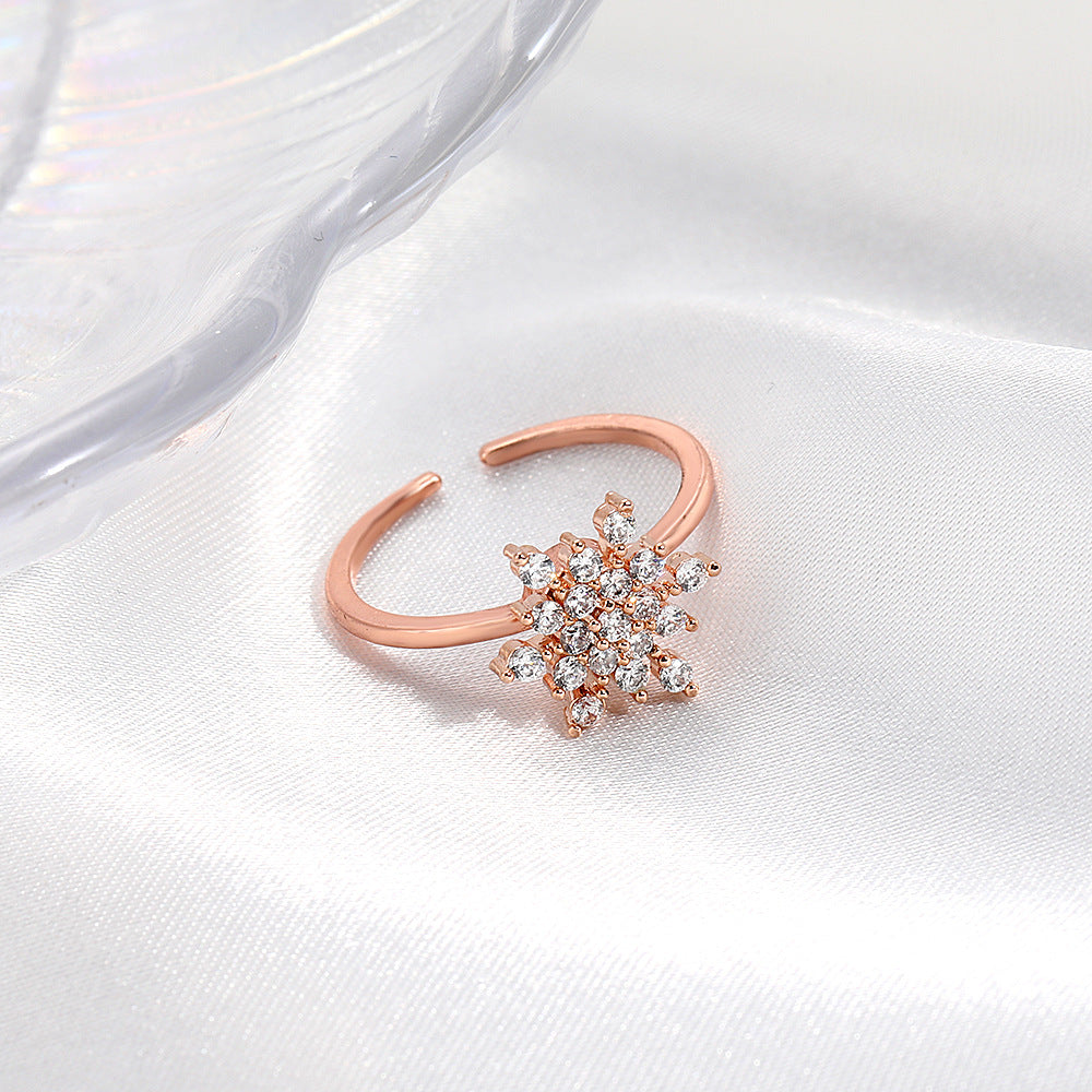 Anillo de copo de nieve con incrustaciones de cobre y circonitas, regalo de Navidad
