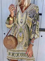 Bohemian V-Ausschnitt Langarm bedrucktes Freizeitkleid