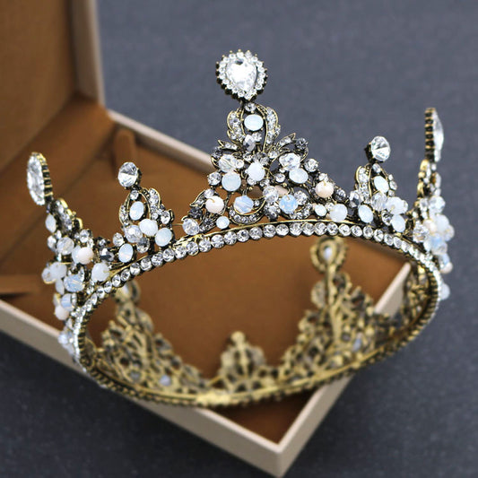 Corona redondeada de novia coreana, adornos de boda de princesa con perlas y diamantes, tocado de corona, accesorios de boda