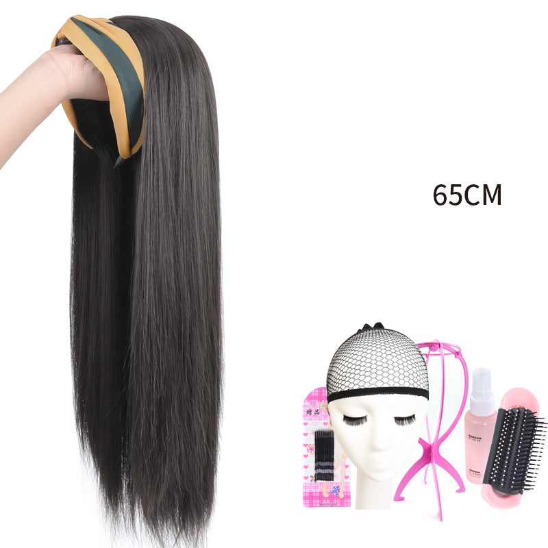 Perücke Damen Lange Haare Lazy Stirnband Schwarz Lange Glatte Haare Halbe Kopfbedeckung Stil
