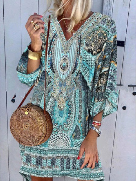 Bohemian V-Ausschnitt Langarm bedrucktes Freizeitkleid